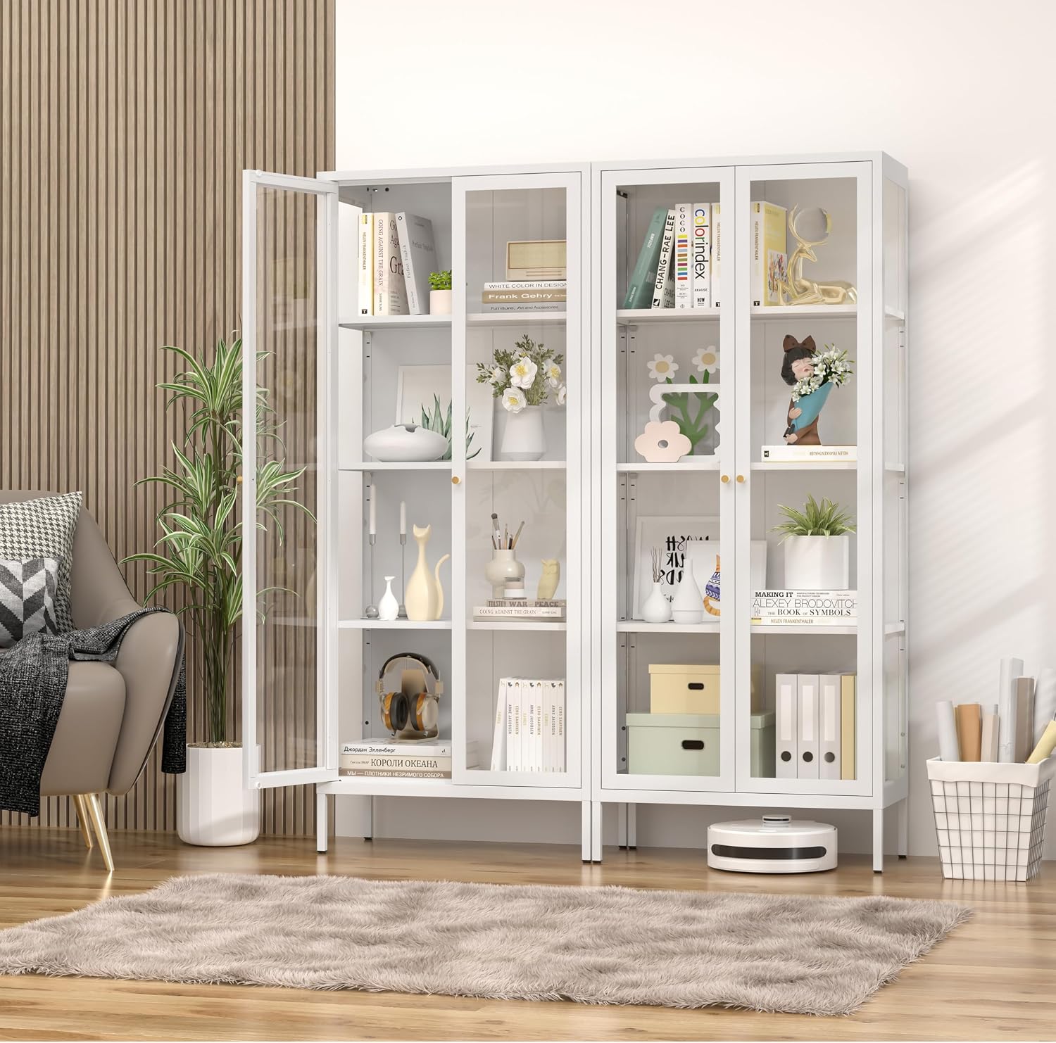 SteeLoong 66" Display Cabinet with Tempered Glass,Metal Curio Cabinet with Glass Doors,4-Tier Display Case for Collectibles,Trophy,Plant,White Storage Cabinets for Living Room - Assemble Required