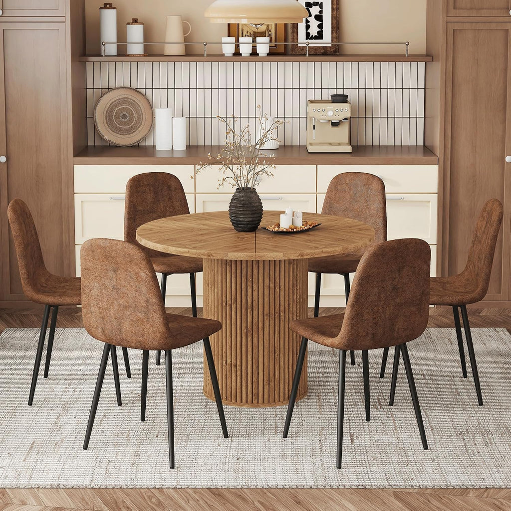 Table and Chairs Set of 6, Round Dining Room Sets for 6, 42 Inch Storage Table with 6 Chairs for Living Room, Kitchen, Farmhouse, Office