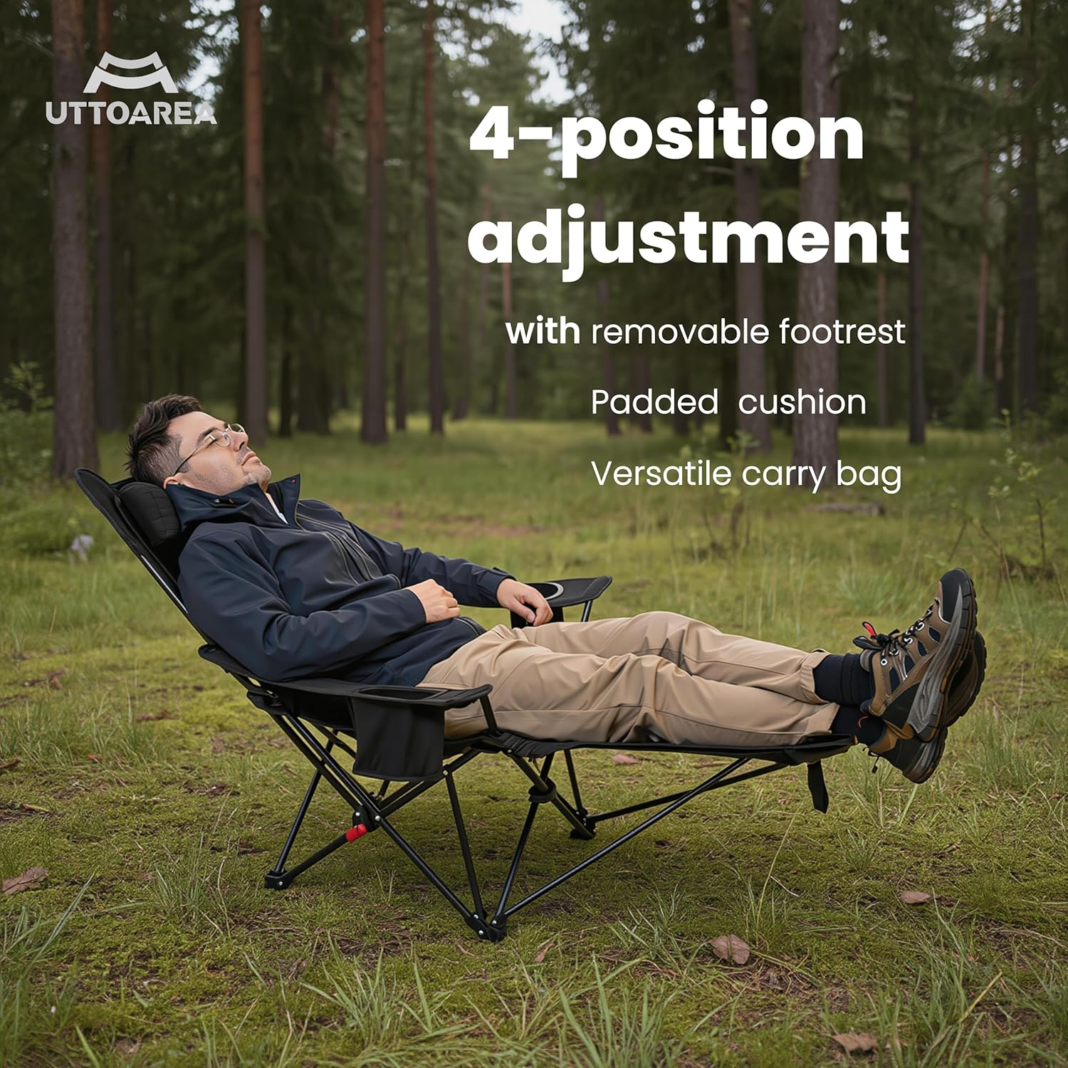 Portable Reclining Camping/Lounge Chair for Outdoor (1, Black) | Soft Cushion, 4-Position Backrest, Removable Footrest, Cup Holder & Versatile Carry Bag
