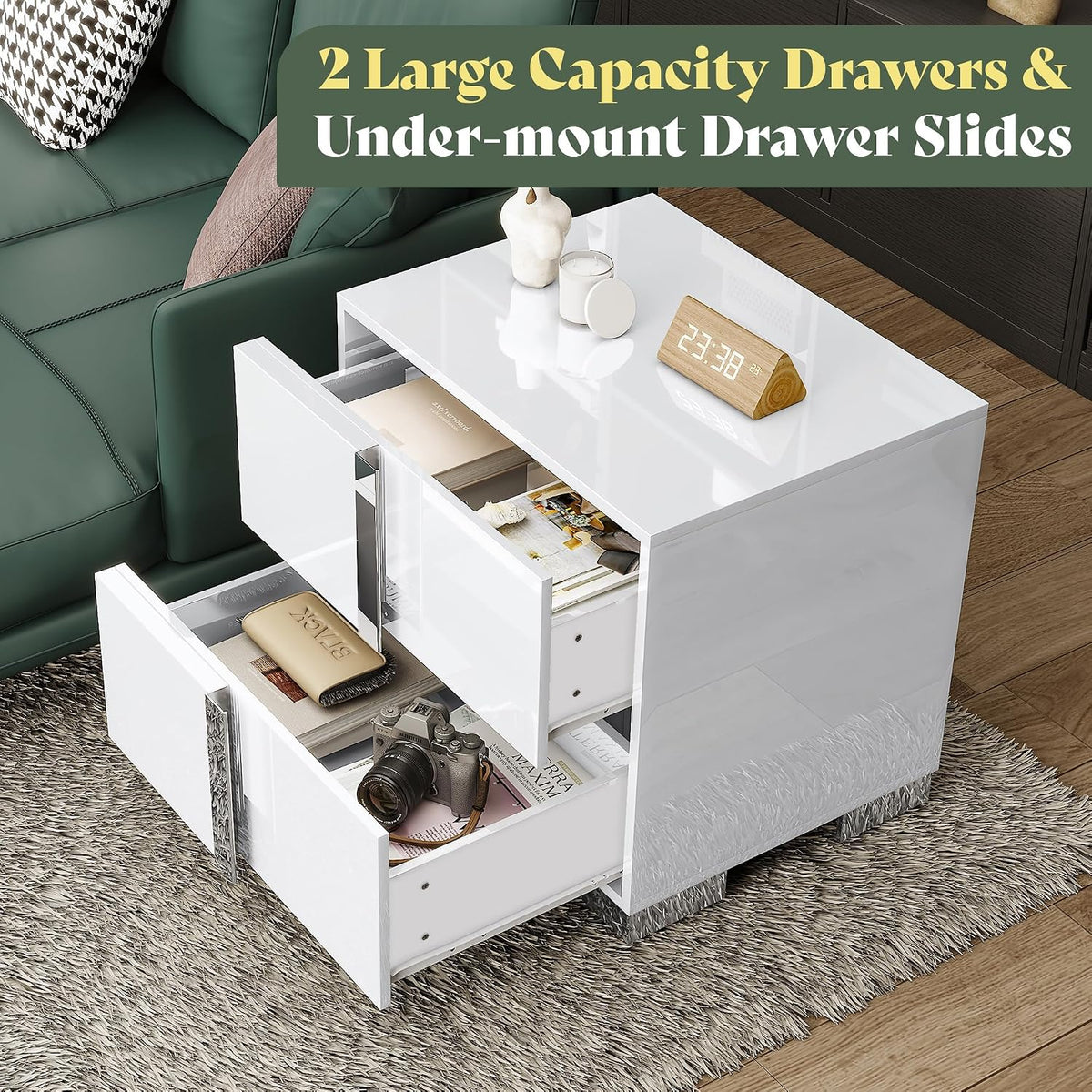 AMERLIFE Modern Nightstand, 23.6" End Table with 2 Drawers, White | Bedside Table for Bedroom, High Gloss UV Finish, Electroplated Pull Handle & Legs