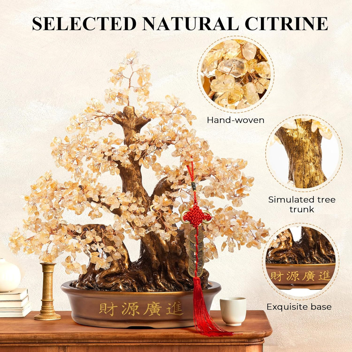 Natural Citrine Gemstone Crystal Bonsai Tree of Life （1,300 Gemstone Count） Large Feng Shui Money Chakra Tree for Luck and Wealth Desk Decoration 18 Inches
