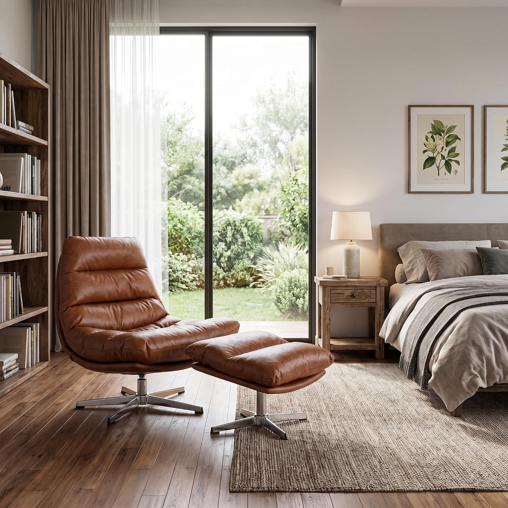 HNY Brown Swivel Lounge Chair with Ottoman Modern PU Leather Accent Chair with Footrest 33'' Wide Oversized Armless Upholstered Reading Chair with Footstool for Living Room Bedroom Comfy