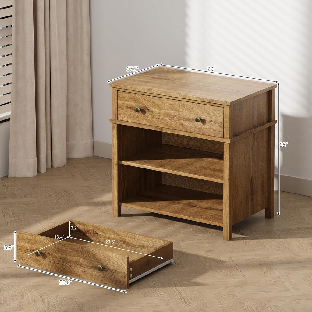 End Table with Drawer and 2 Tier Shelves, Wood Sofa Side Table for Living Room, Modern Nightstand Bedside Table for Bedroom, Small Console Table for Entryway, Hallway, Natural