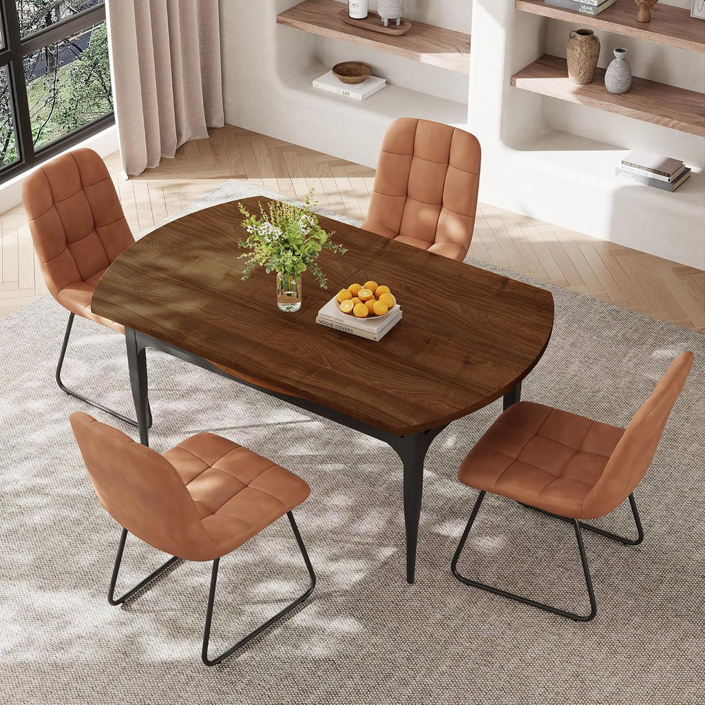 HIPIHOM Expandable Folding Dining Table Set, 55-Inch Round to Square Table with 6 Upholstered Chairs, Metal Frame, for Dining Room or Apartment (Round Table + 6 Brown Chairs)