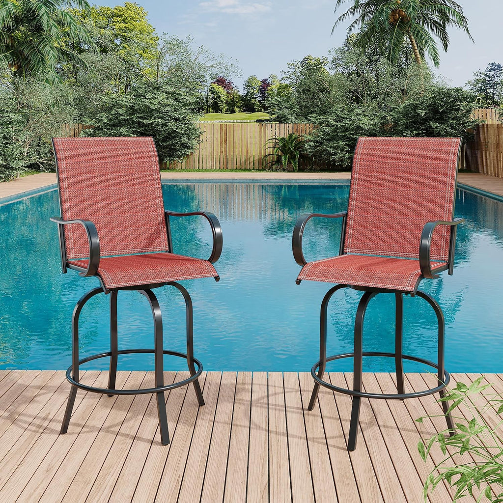 2 Piece Outdoor Swivel Bar Stools, All-Weather Bar Height Patio Chairs with High Back & Armrest, 360° Swivel Tall Barstools for Patio, Deck, Backyard, Garden-Red