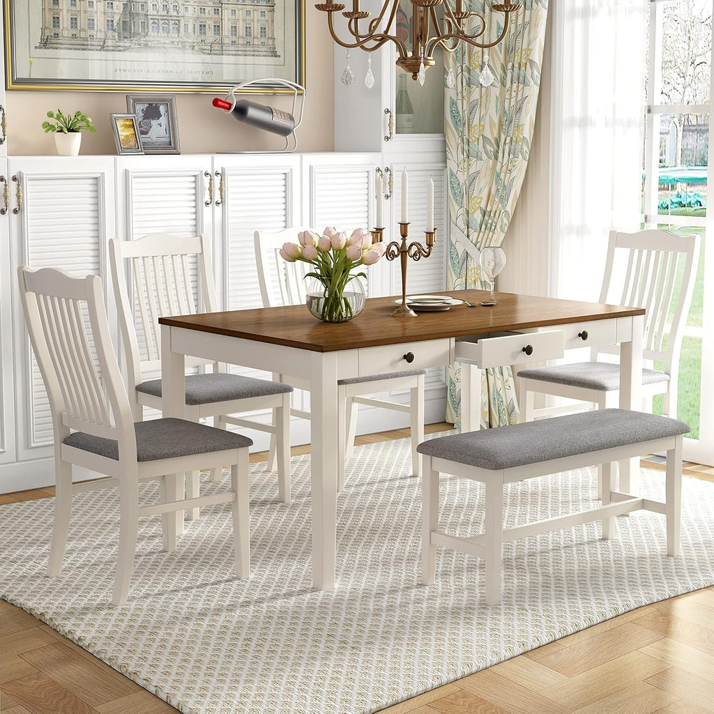 Merax Mid-Century 6-Piece Wood Dining Table Set with Drawer, 4 Upholstered Chairs and Bench, Butter Milk