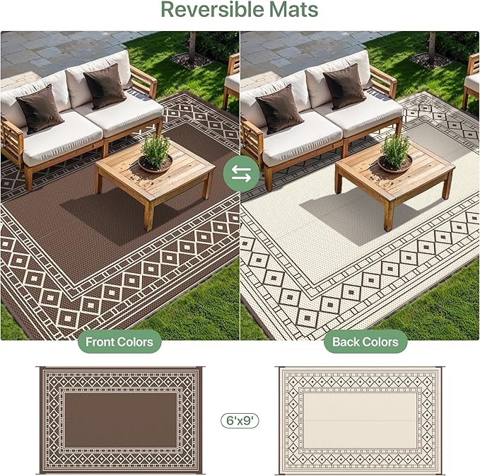 GENIMO Outdoor Rug Waterproof for Patio Decor, 6'x9' Foldable Reversible Plastic Straw Carpet for Travel Trailers, Outside Area Mat for Rv, Deck, Picnic, Porch, Camper, Balcony, Beach, Coffee & Beige