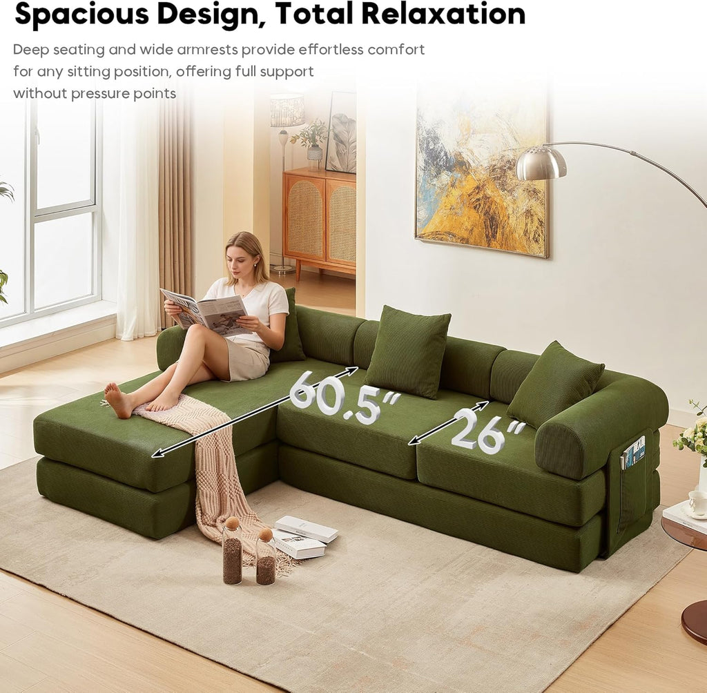 L Shaped Modular Sofa Bed with Cylindrical Pillow & Reversible Chaise, Corduroy Folding Floor Convertible Sofa Couch Bed with Fixed-Shape Frame & Storage Pocket for Living Room, Green
