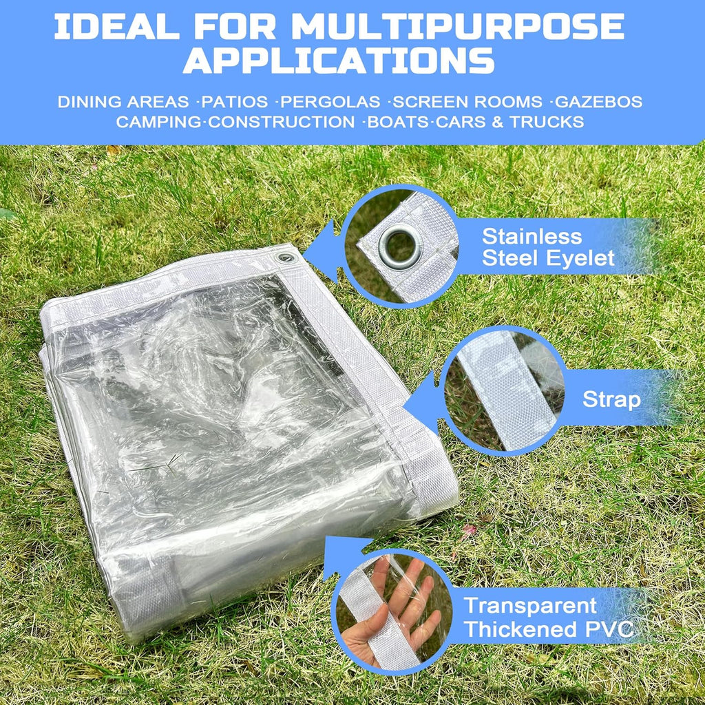 Clear Tarp 8 x8FT, 20 Mil Clear Vinyl Tarp, Small Cover Plastic Sheeting with Grommets, Double-Stitched Reinforced Edges, Heavy Duty Tarps Waterproof and Tearproof