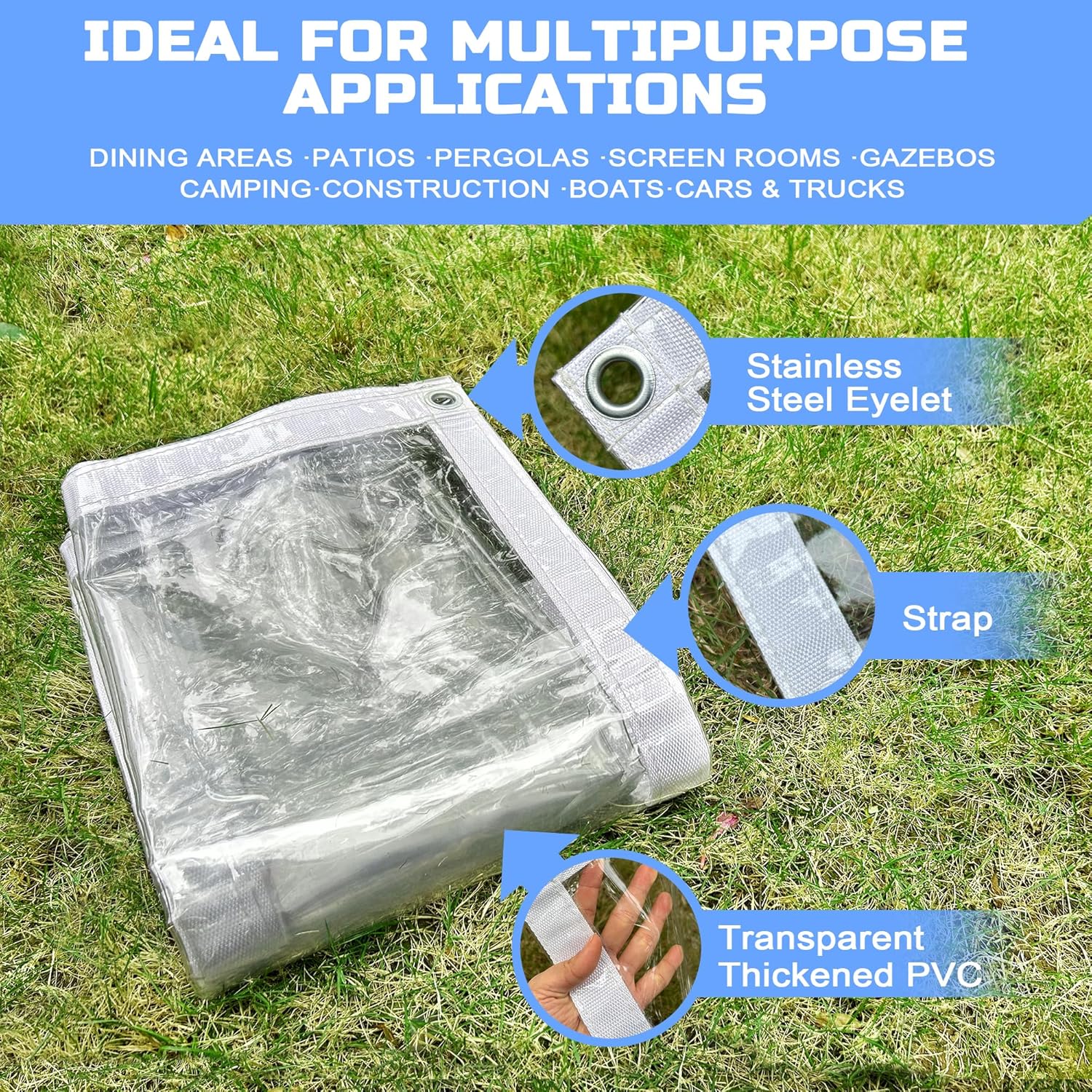 Clear Tarp 8 x8FT, 20 Mil Clear Vinyl Tarp, Small Cover Plastic Sheeting with Grommets, Double-Stitched Reinforced Edges, Heavy Duty Tarps Waterproof and Tearproof