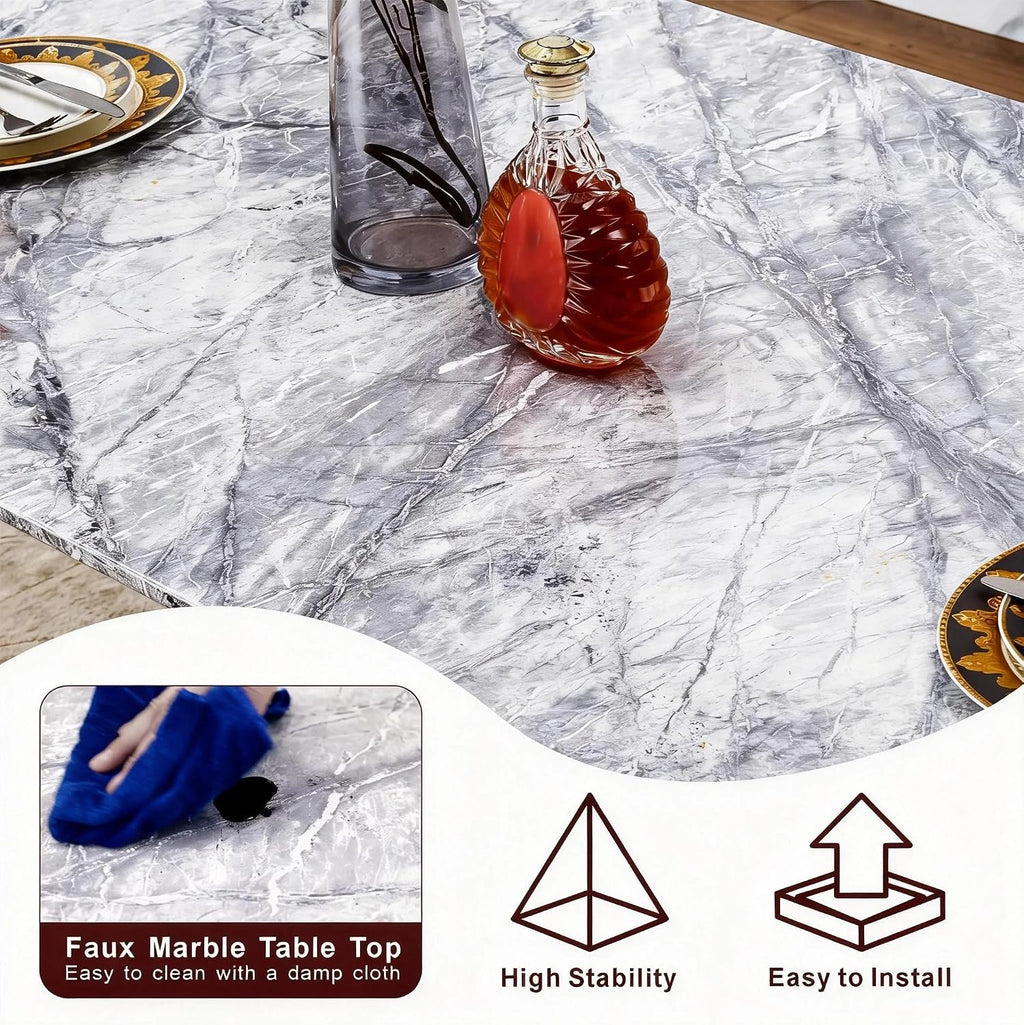 70" Rectangle Faux Marble Luxury Grey Dining Table for 6-8 People, Modern Large Kitchen Table with Silver Mirrored Stainless Steel Leg Base, Dining Table for Dining/Living Room, Office (One Table)