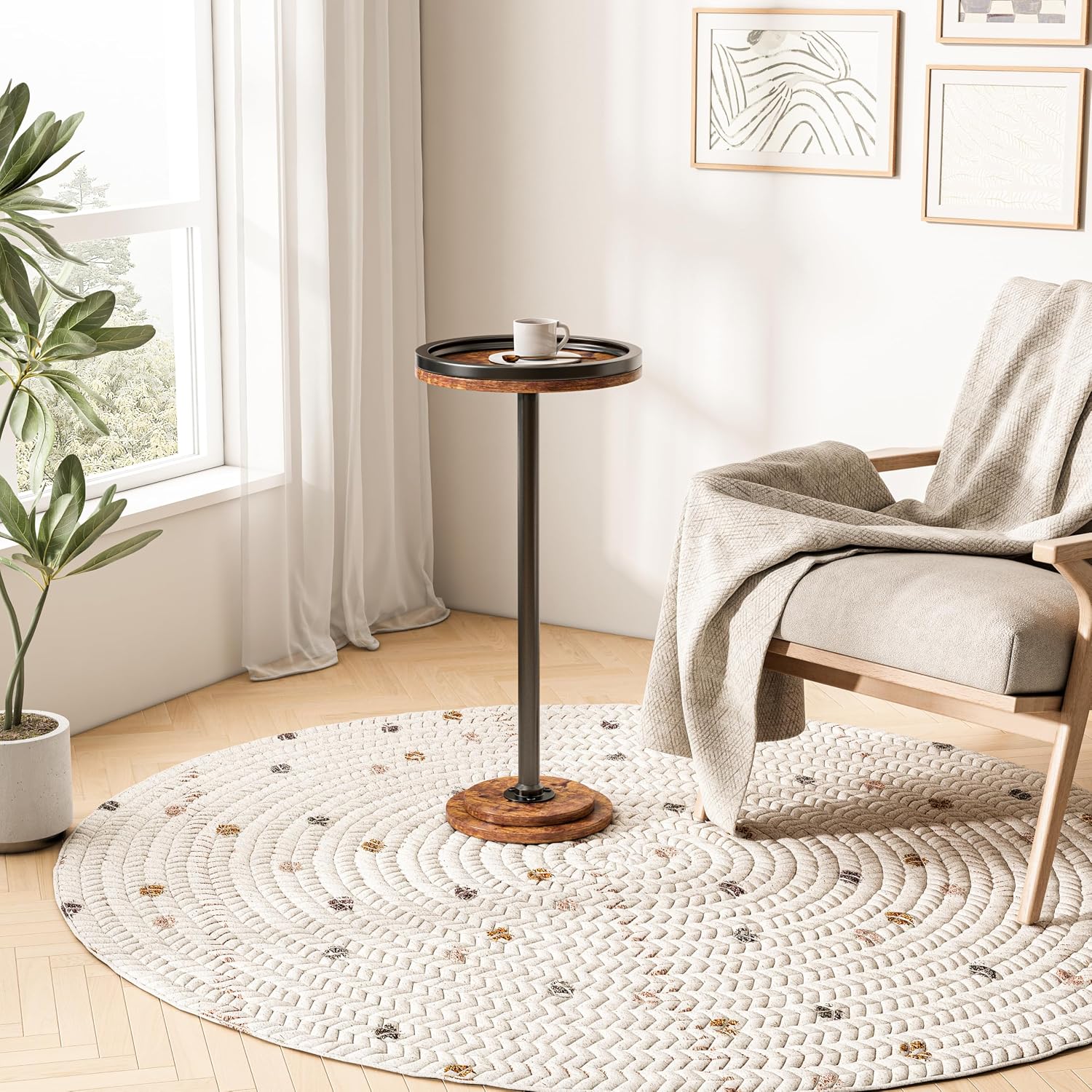 LINGMI Small Side Table, Round Martini Drink Table for Small Spaces, Modern Accent Stand with Solid Metal Leg, Nightstand with Weighted Base Pedestal for Living Room, Bedroom and Office