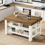 Tribesigns Kitchen Island with Seating and Storage Shelves, 55.1-Inch Breakfast Counter Farmhouse Island Table for Kitchen Dining Room (White and Light Brown)