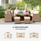 6-Piece PE Rattan Patio Set: 3 Sofas, 2 Ottomans, Coffee Table, Khaki Cushions & Blue Pillows, Steel FFor rame, All-Weather