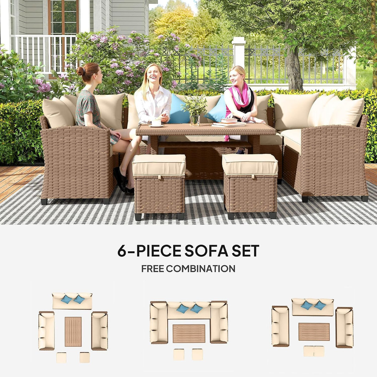 6-Piece PE Rattan Patio Set: 3 Sofas, 2 Ottomans, Coffee Table, Khaki Cushions & Blue Pillows, Steel FFor rame, All-Weather
