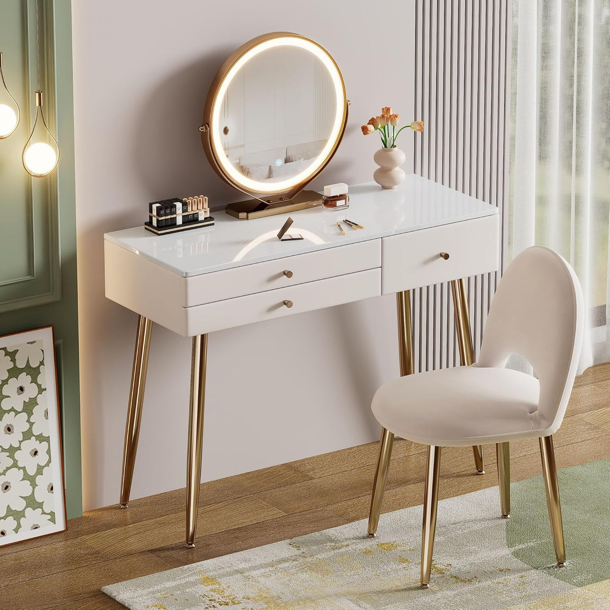 KDCAS 39" White and Gold Vanity with Lights and Chair
