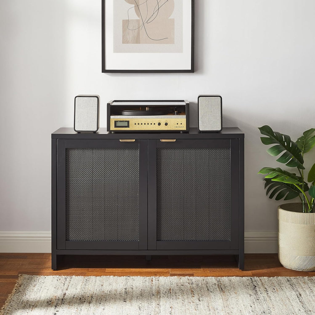 Crosley Furniture Kenji Media Console, Record Player Stand with Vinyl Storage, Modern Home Organizer, Black