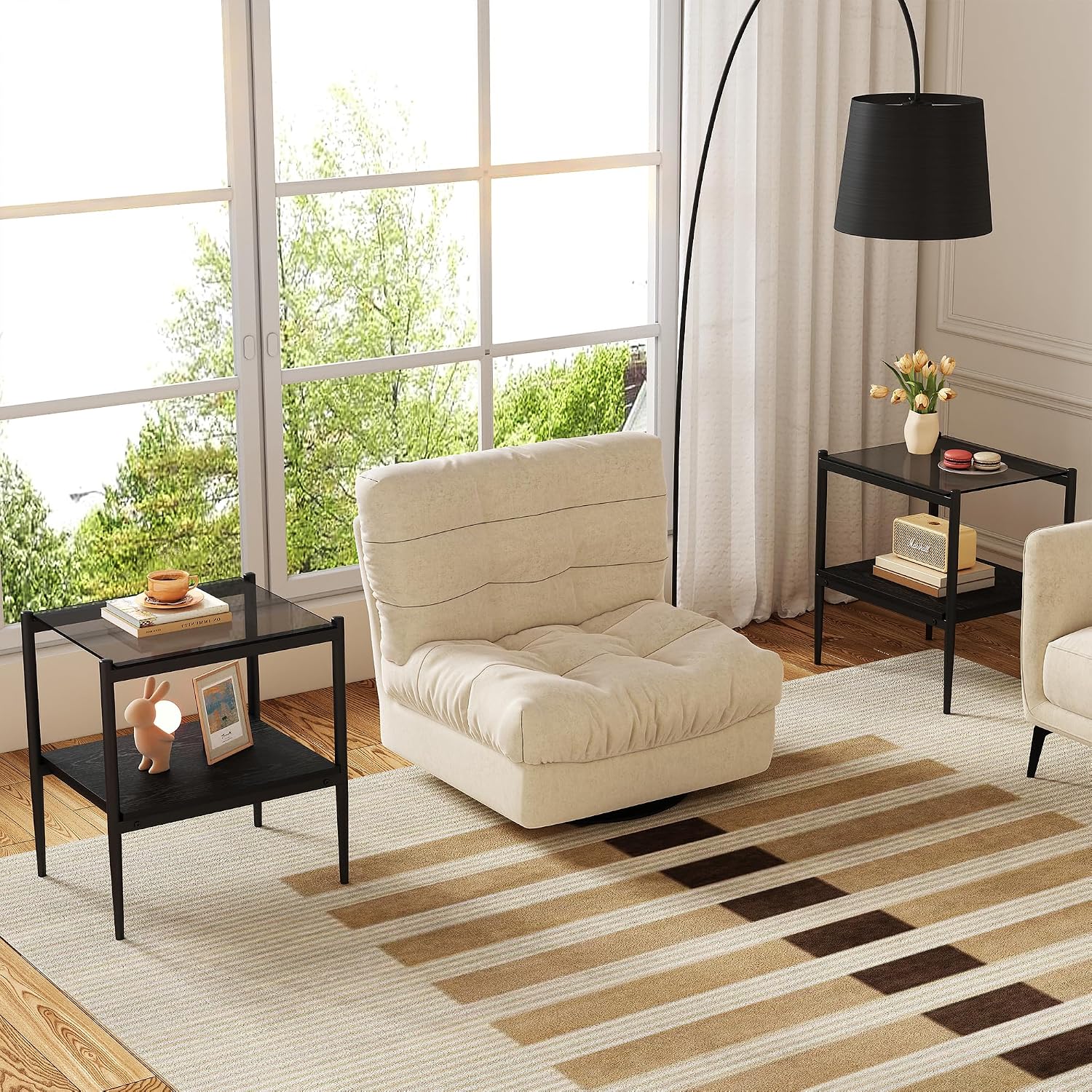 Modern Glass End Table, Tempered Glass Top, Sofa Side Table with MDF Storage Shelf and Metal Legs, Perfect for Living Rooms, Bedrooms, and Small Spaces (Gray Glass+Black)