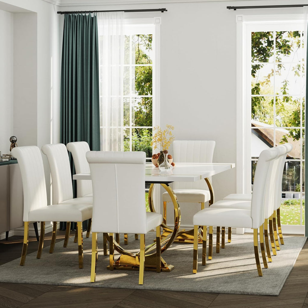 ACEDÉCOR Modern Dining Chairs Set of 2, White Leather Dining Room Chairs with Gold Stainless Steel Legs, Upholstered Chairs with High Back and Metal Legs for Kitchen/Living Room/Restaurant