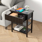 3imothrix Narrow End Table with Charging Station, Fluted Side Table with Drawer for Small Space, Modern Nightstand with Storage Shelves for Living Room Bedroom, Black
