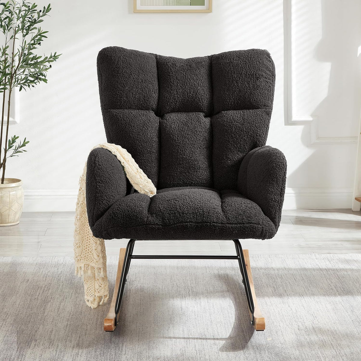 Adulto Bedroom Rocking Chair Indoor Outdoor Teddy Fabric Upholstered G,A3 | Ergonomic high back and armrests for comfort; soft teddy fabric upholstery with polyester fill; sturdy metal frame and r