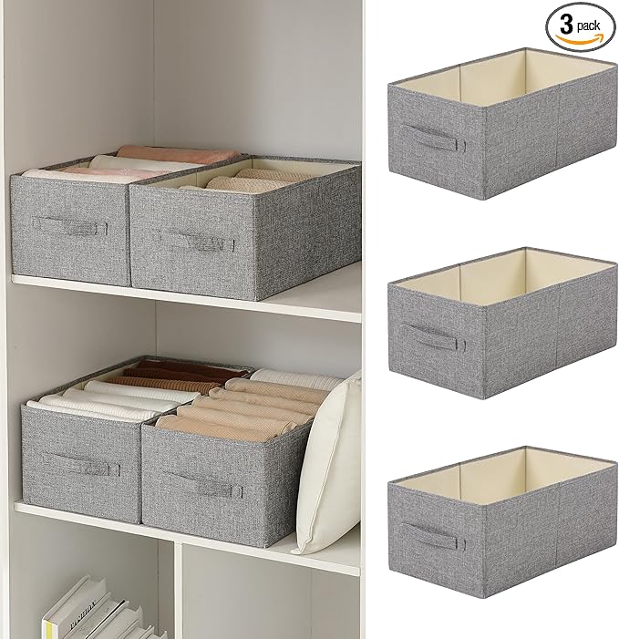 Linen Folding Storage Bins, 3 Pack Large Storage Baskets, Washable, Clothing Storage Bins with Handle, Closet Organizer for Storage Sweater,Sheets(dark grey, 18½"x11" x8½")