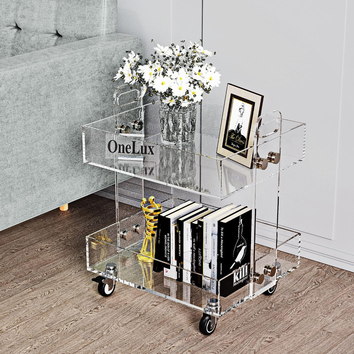 ONELUX (Flat Packed) Original Acrylic Side Table,Clear Table with Wheels,Acrylic Bedside Tables/Night Stand - 41×34×48H CM