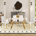 55" White Dining Table Set for 4, Modern Dining Table Set for 4, White Glossy Table with White Faux Leather Chairs, Gold Metal Frame Breakfast Table Set for 4 Ideal for Dining Room,Small Space