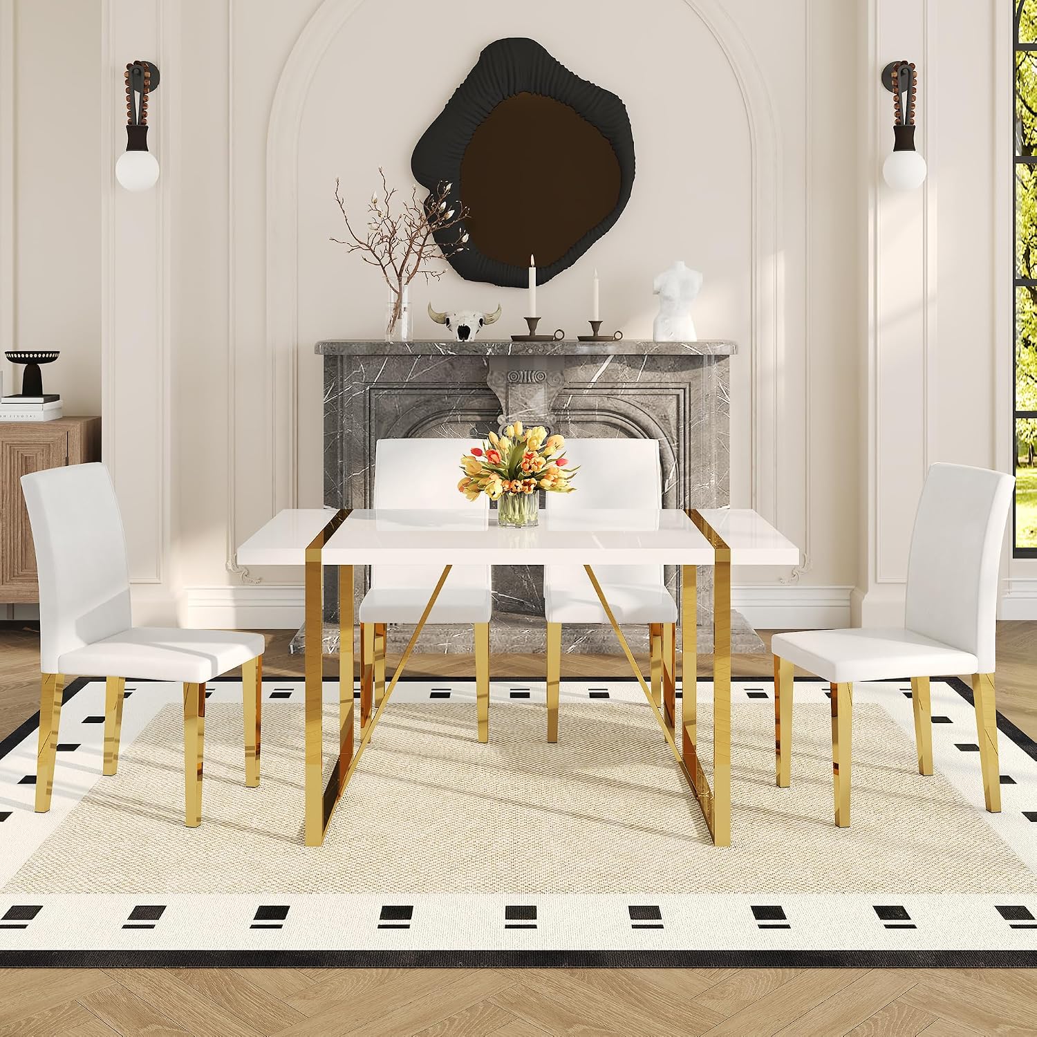 55" White Dining Table Set for 4, Modern Dining Table Set for 4, White Glossy Table with White Faux Leather Chairs, Gold Metal Frame Breakfast Table Set for 4 Ideal for Dining Room,Small Space