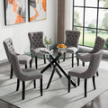 Round Glass Dining Room Table Set for 6, 7-Piece Dining Table Set with 47.2" Circle Black Glass Dinner Table & 6 Grey Velvet Tufted Chairs, Modern Kitchen Table Set for Apartment Home Office