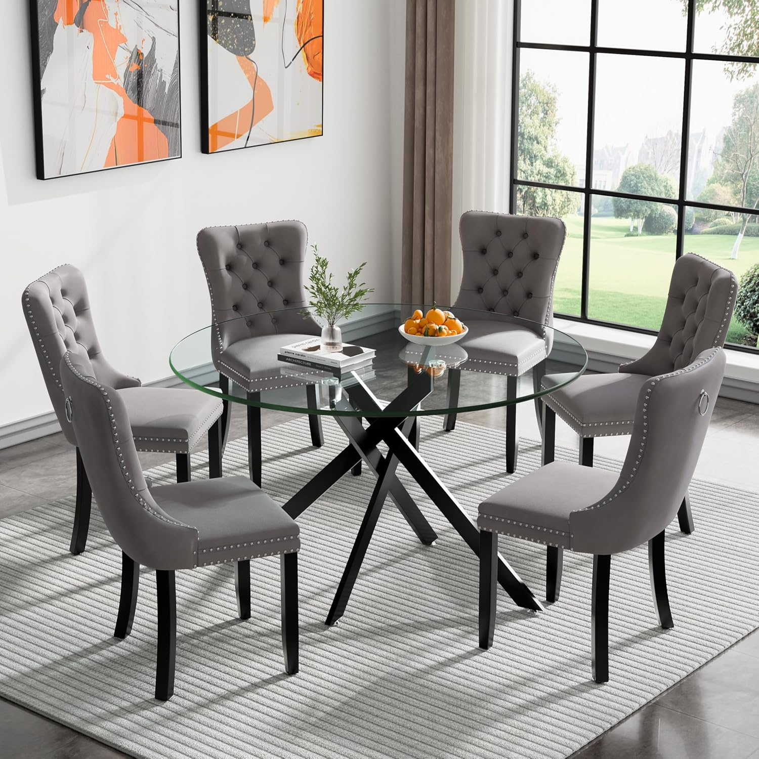 Round Glass Dining Room Table Set for 6, 7-Piece Dining Table Set with 47.2" Circle Black Glass Dinner Table & 6 Grey Velvet Tufted Chairs, Modern Kitchen Table Set for Apartment Home Office