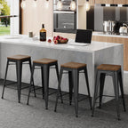 Alunaune 30" Metal Bar Stools Set of 2 Stackable Counter Height Barstools Backless Industrial Kitchen Bar Chairs with Wooden Seat-Matte Black
