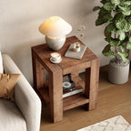 Solid Wood Side Table Set of 2, Farmhouse 2-Tier End Tables with Storage Shelves for Small Spaces, Living Room, Bedroom, Rustic Brown