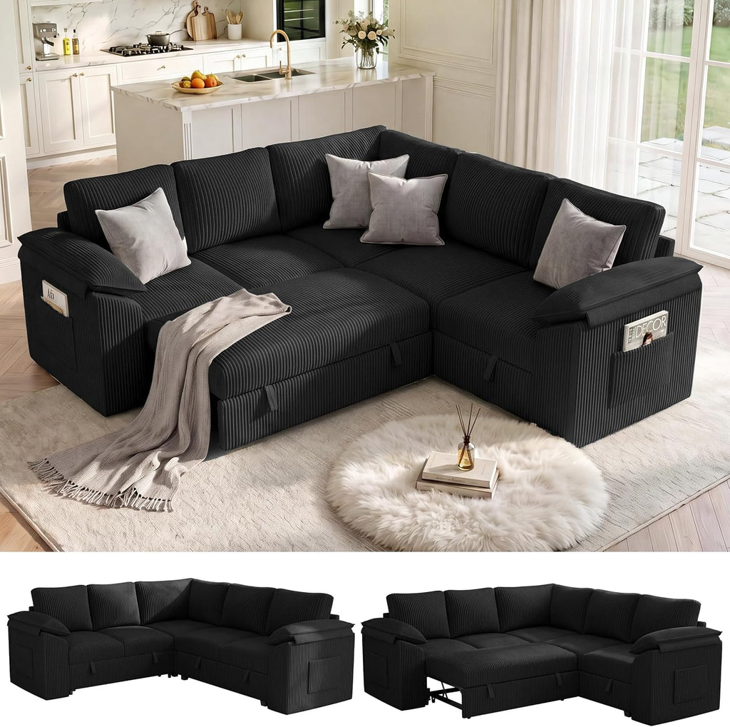 85 In L Shaped Modular Sectional Sofa Couch for Living Room, Black | Pull Out Sleeper Bed, 5 Seat Modular Design, Hidden Storage Space, Soft Corduroy Fabric, Removable Covers, Easy Assembly