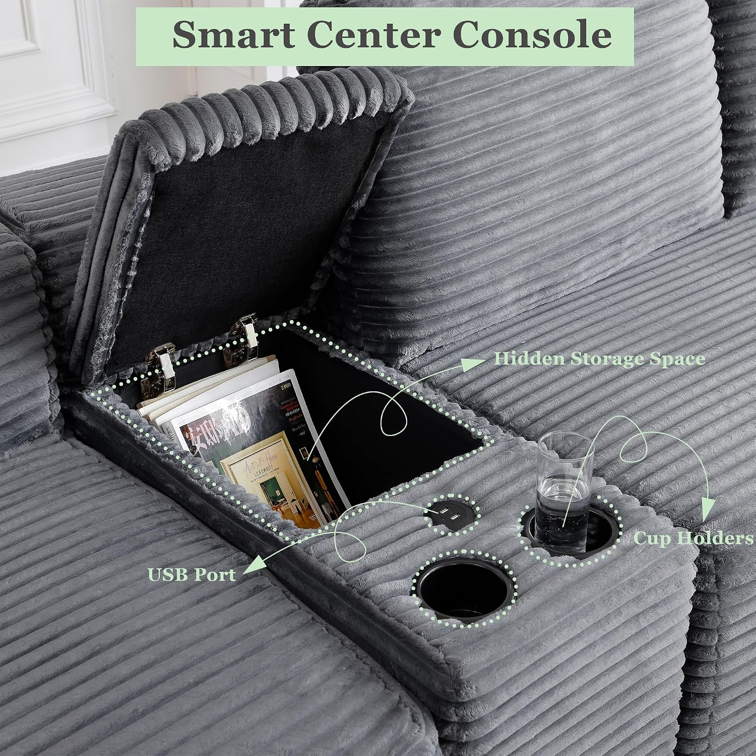 125" Oversized Sectional Couches for Living Room, Modern Cloud Couch with Ottoman,USB Port&Cup Holders, Comfy Corduroy Modular Sectional U Shape Sofa Couch for Apartment, Grey Couch in a Box
