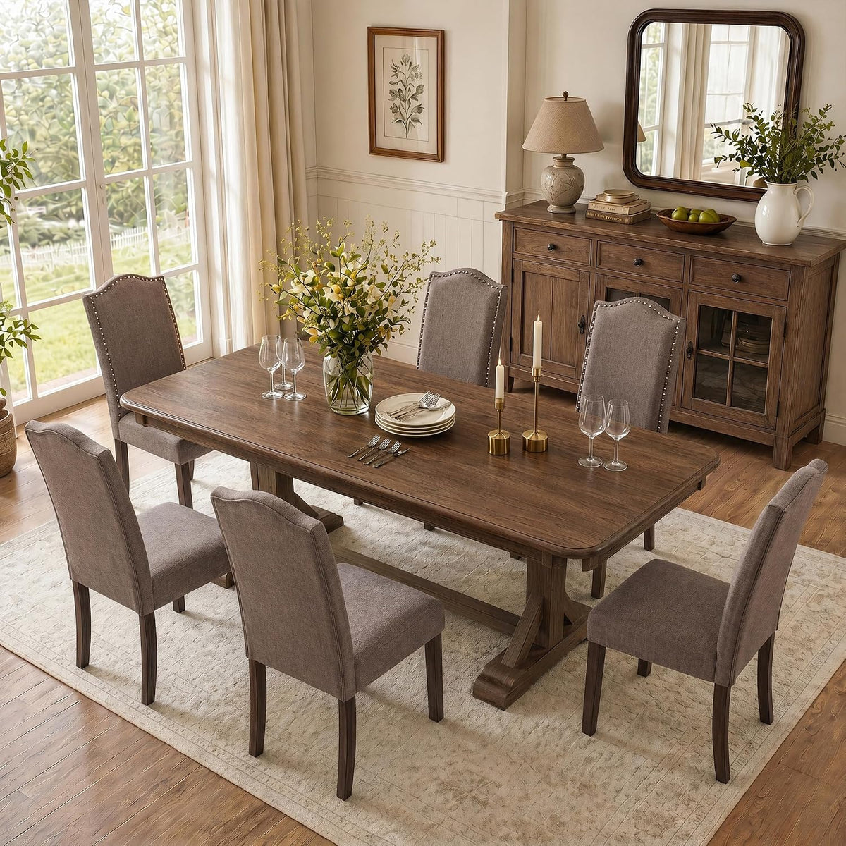 Upholstered Dining Chair Modern Stylish Kitchen Diner Fabric Set of 4 | Fabric Silver Nailhead Trim & Wood Legs, High Back, Living Room Restaurant Farmhouse Cafe, Mid Century Accent