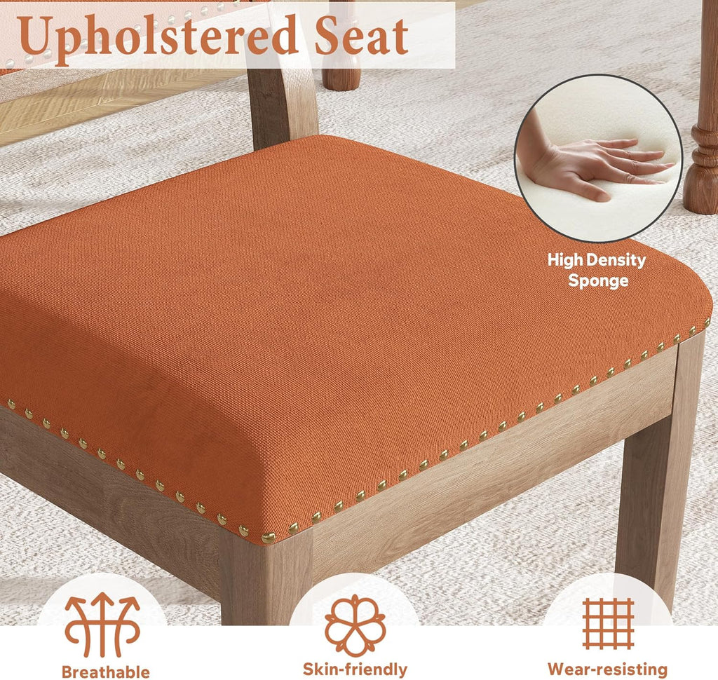 Dining Chairs Set of 2, Mid Century Modern Upholstered Dining Room Chairs, Fabric High Back Kitchen Chairs with Nailhead Trim and Wood Legs for Living Room Kitchen Restaurant, Orange