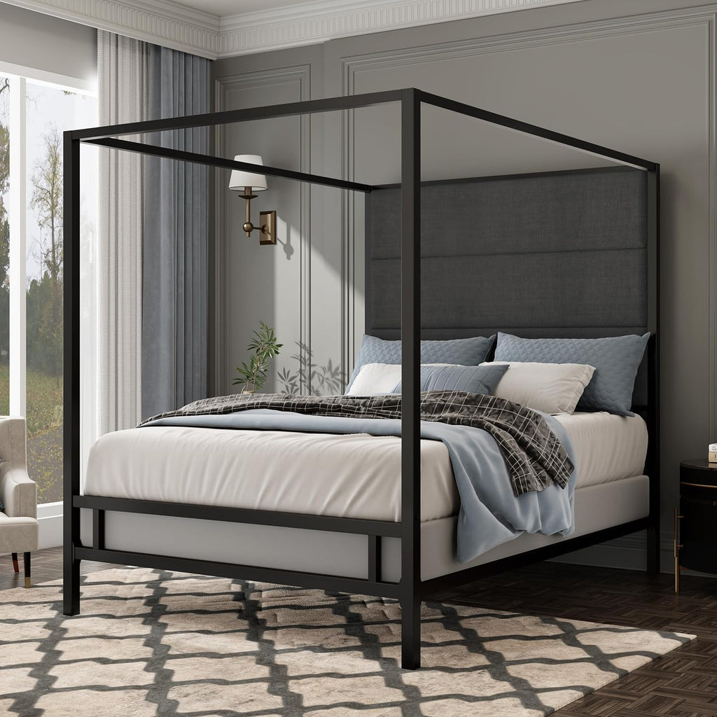 Queen Size Modern Black Canopy Bed with Tall Headboard