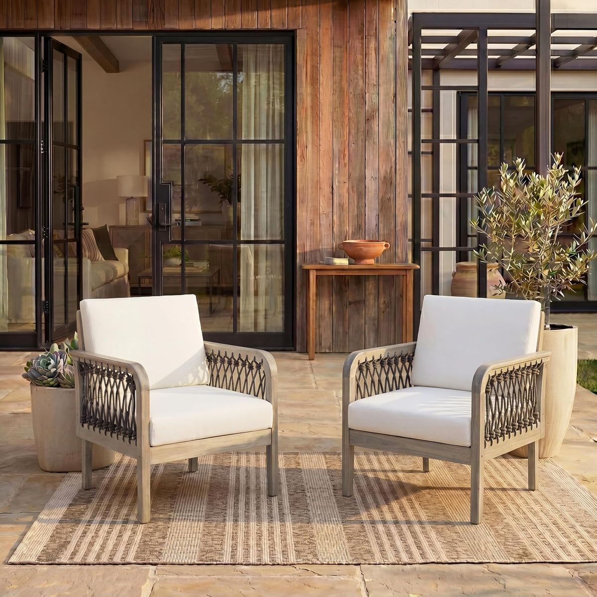 Outdoor Acacia Wood Club Chair with Handwoven Rope, Weather-Resistant, Set of 2, Light Teak Finish, 400 Lbs Capacity