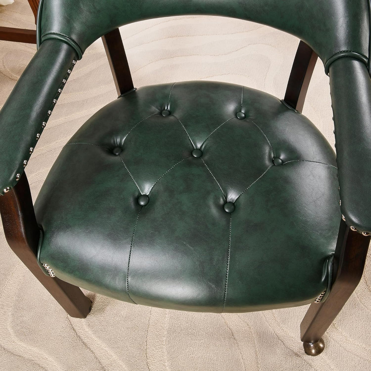 LEEMTORIG Set of 4 Large Dining Chairs with Casters and Arms, Rolling Dining Chairs with Wheels, Game Poker Chairs, Boss Caption's Chairs, 26" Dx25.2 Wx31.5 H, Espresso Legs & Green PU, XXY-1910-GN