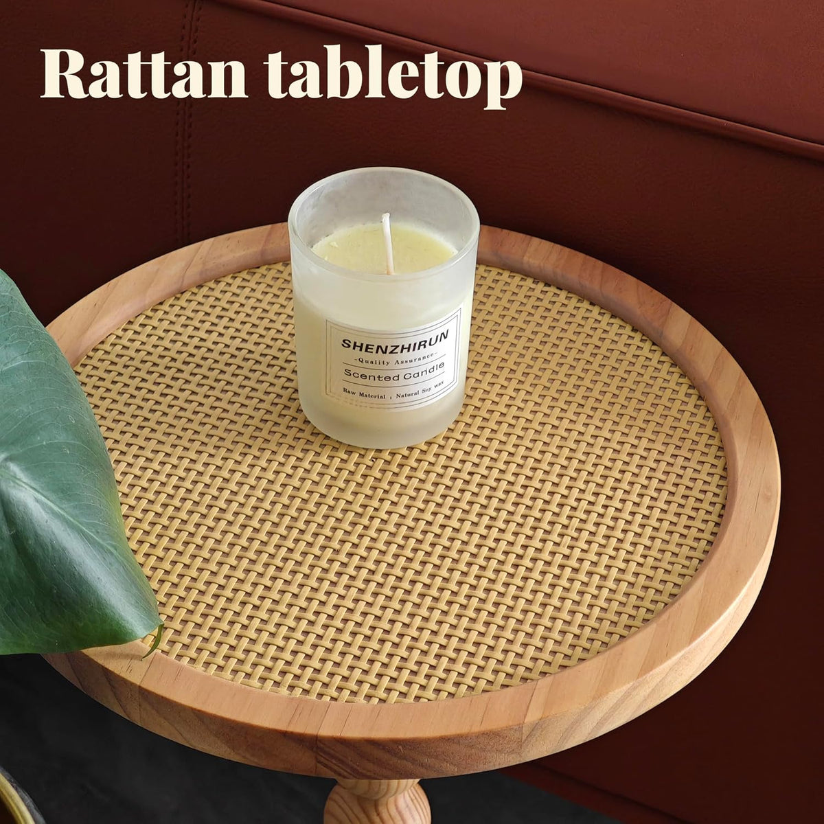 COVLON Solid Wood Drink Table, Small Pedestal Side Table for Small Spaces, Round Rattan Accent End Table Nightstand with Decorative Ball Legs for Living Room, Bedroom, Office, Corners