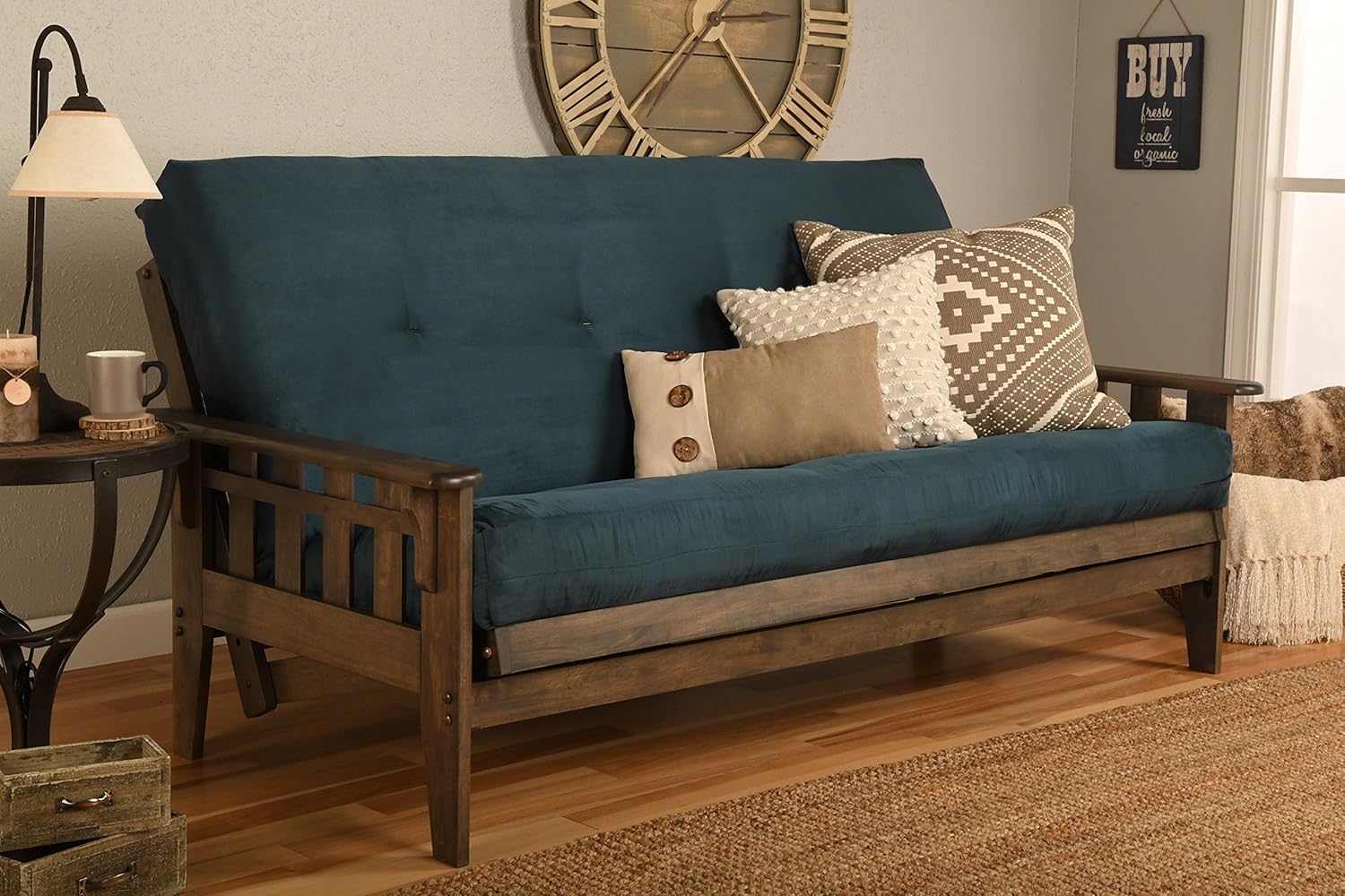 FutonX Rustic Walnut Frame and Mattress Set with Choice to add Drawers, 8 Inch Innerspring Futon Sofa Bed Full Size Wood (Blue Matt and Frame (No Drawers))