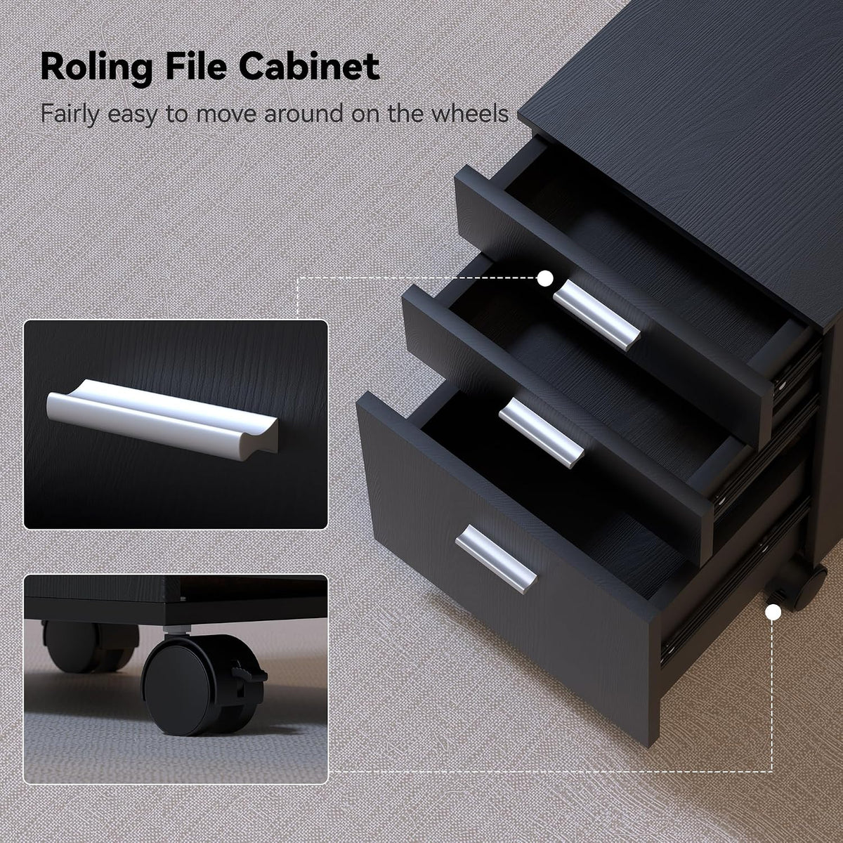 3 Drawer Storage Cabinet,Preassembled Black Wooden Organizer for Files,Under Desk Printer Stand,Mobile on Wheels,19" L x 16" W x 22" H