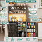 Squireewo 63" H Pantry Cabinets with 10 Gallon Trash Can,Led Light,Outlet,35" W Kitchen Hutch with Tilt Out Trash Can Cabinet,Farmhouse Cupboard with Large Countertop for Living Room, Dining Room
