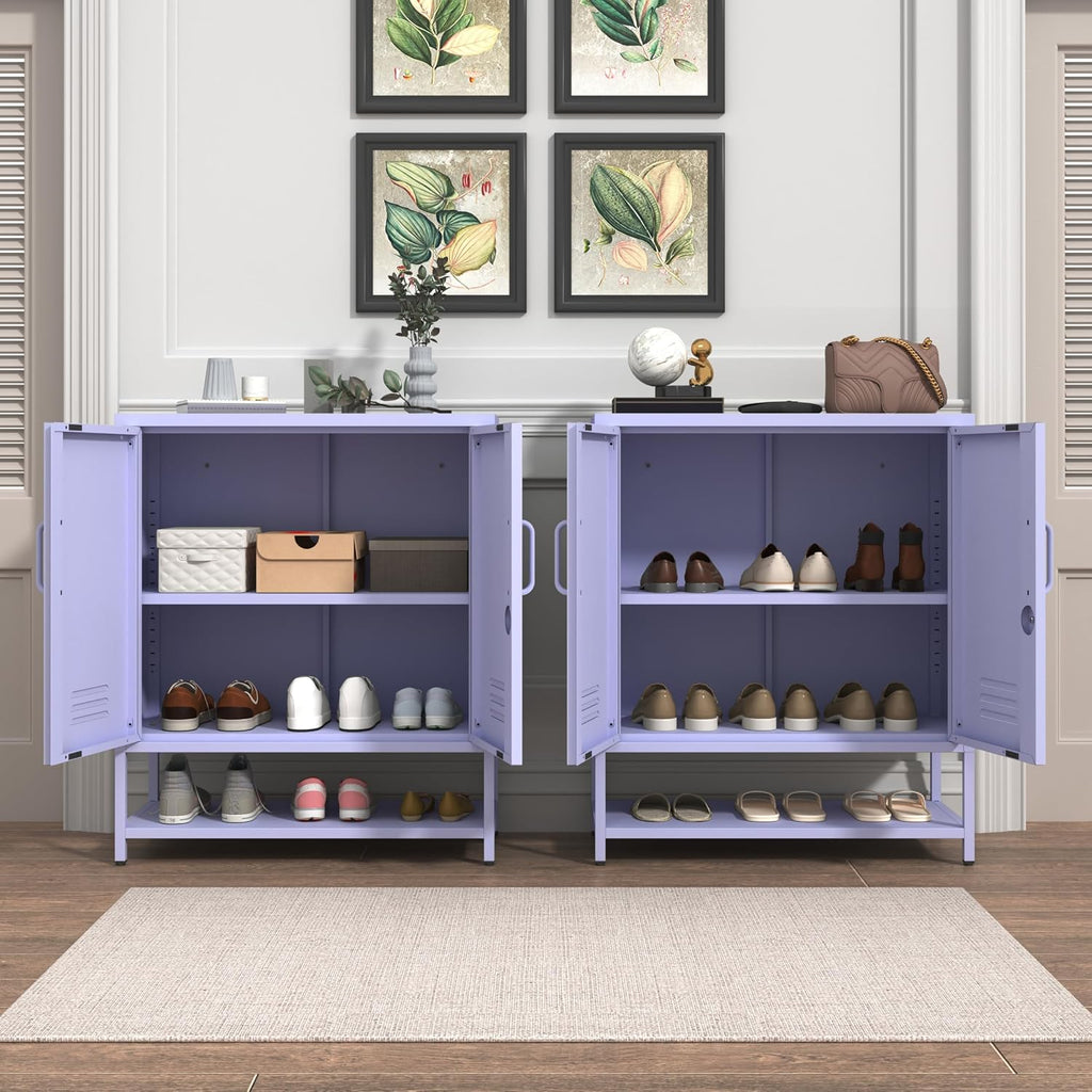 Three Tier Metal Shoe Cabinet for Home use Featuring Adjustable Shelves Multifunctional Two Door Storage Cabinet Suitable for entryways and hallways Purple Size: 13.8" D x 29.5" W x 33" H