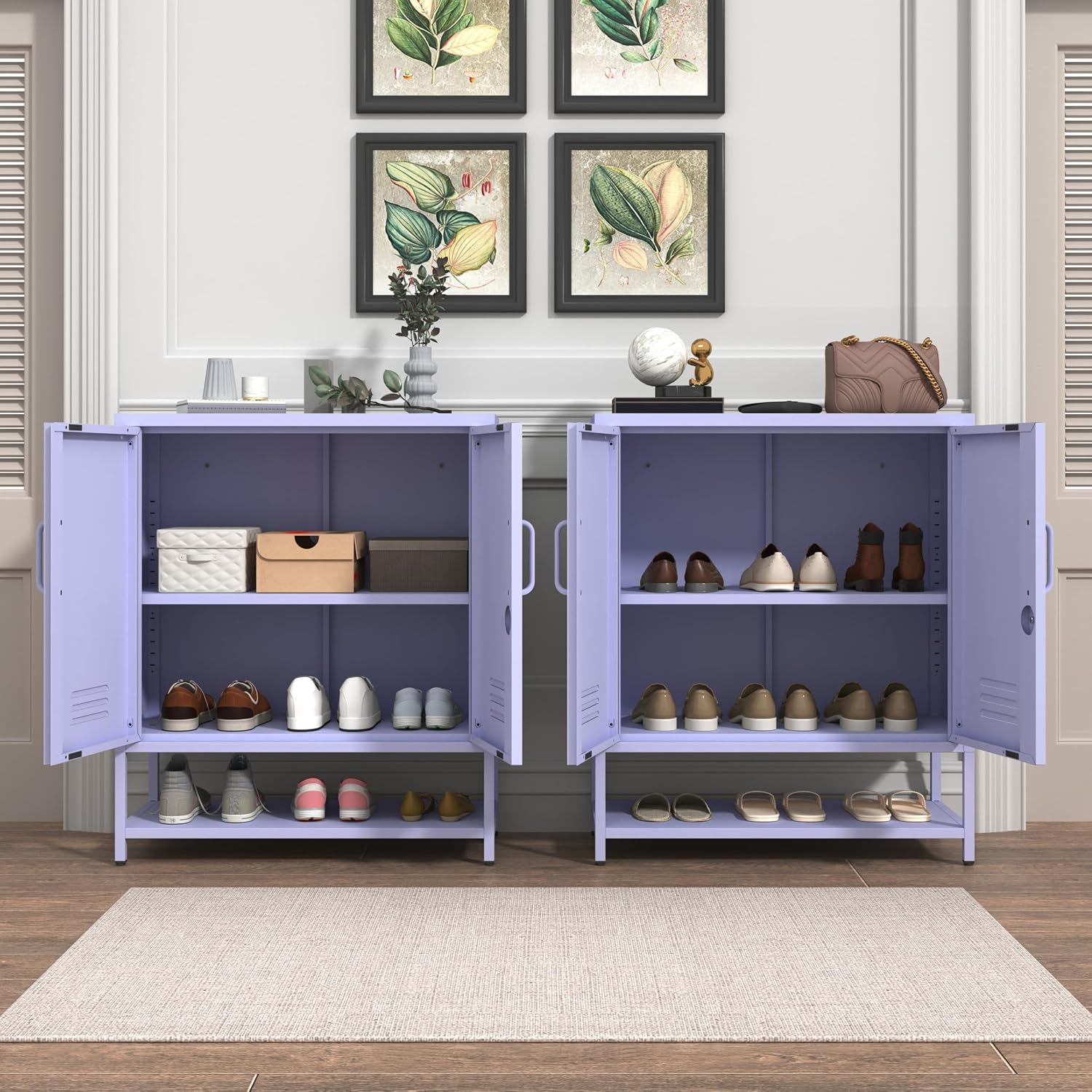 Three Tier Metal Shoe Cabinet for Home use Featuring Adjustable Shelves Multifunctional Two Door Storage Cabinet Suitable for entryways and hallways Purple Size: 13.8" D x 29.5" W x 33" H