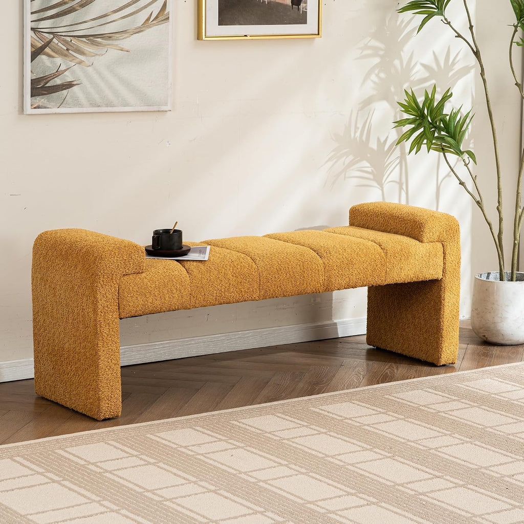 Boucle End of Bed Bench Upholstered Modern Bedroom Bench Channel Tufted Window Bench Comfy Long Ottoman for Living Room/Hallway/Indoor (Mustard, 60" Curved Arm)
