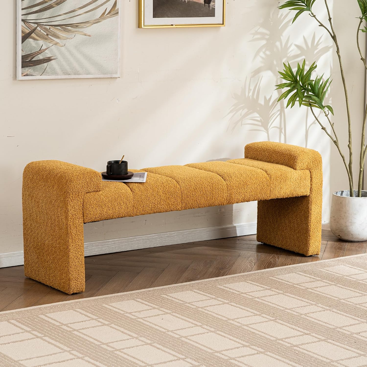 Boucle End of Bed Bench Upholstered Modern Bedroom Bench Channel Tufted Window Bench Comfy Long Ottoman for Living Room/Hallway/Indoor (Mustard, 60" Curved Arm)