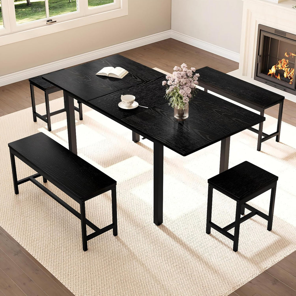 IDEALHOUSE 5-Piece Extendable Dining Table Set for 6-8 People, 63 Inch Kitchen Table with 2 Benches & 2 Stools, Space Saving Modern Dining Room Furniture, Black
