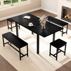 IDEALHOUSE 5-Piece Extendable Dining Table Set for 6-8 People, 63 Inch Kitchen Table with 2 Benches & 2 Stools, Space Saving Modern Dining Room Furniture, Black